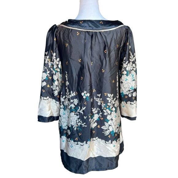 Black Satin Floral Garden Tunic Shift Dress 3/4 Sleeves MEDIUM Erdem Style - Picture 6 of 7